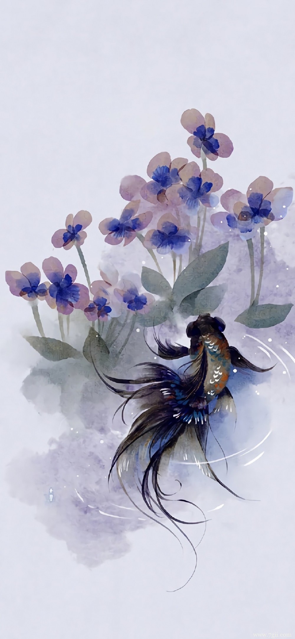 中国风唯美花卉池塘中游动的金鱼水彩图片