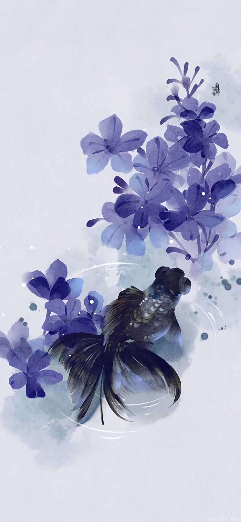 中国风唯美花卉池塘中游动的金鱼水彩图片