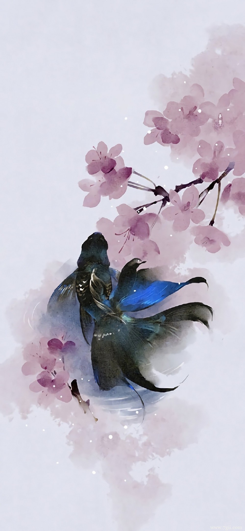 中国风唯美花卉池塘中游动的金鱼水彩图片